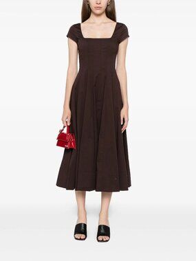 Staud Wells Short Sleeve Stretch Cotton Midi Dress in Earth 10 New Womens Long